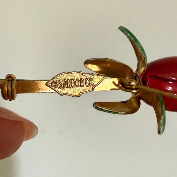 Vintage Sandor Co Red Enamel Rose Brooch Gold Tone Pin 3 Inch Floral Jewelry - Picture 4 of 11